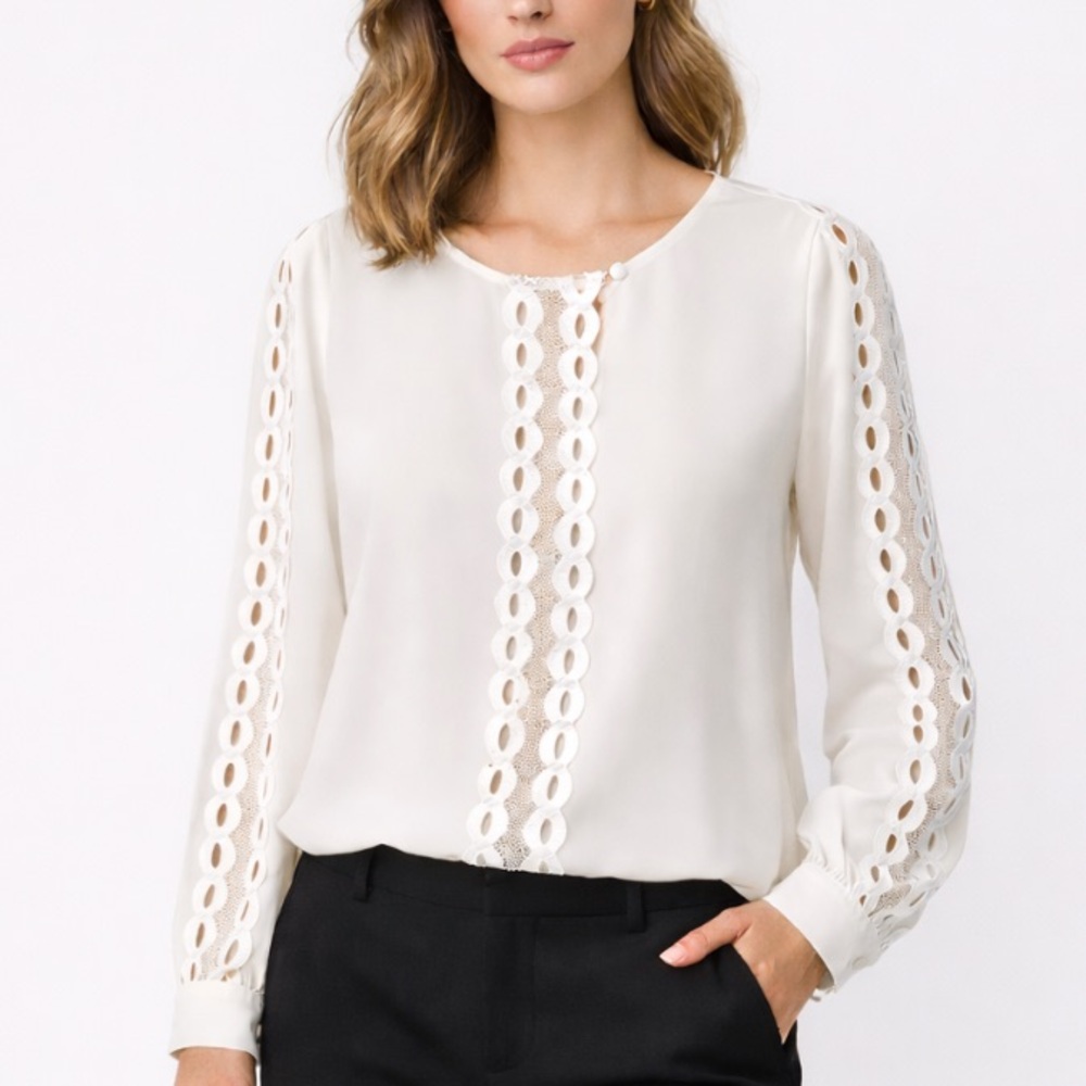 Anne Fontaine Ivory Lace Trim Blouse Size Medium